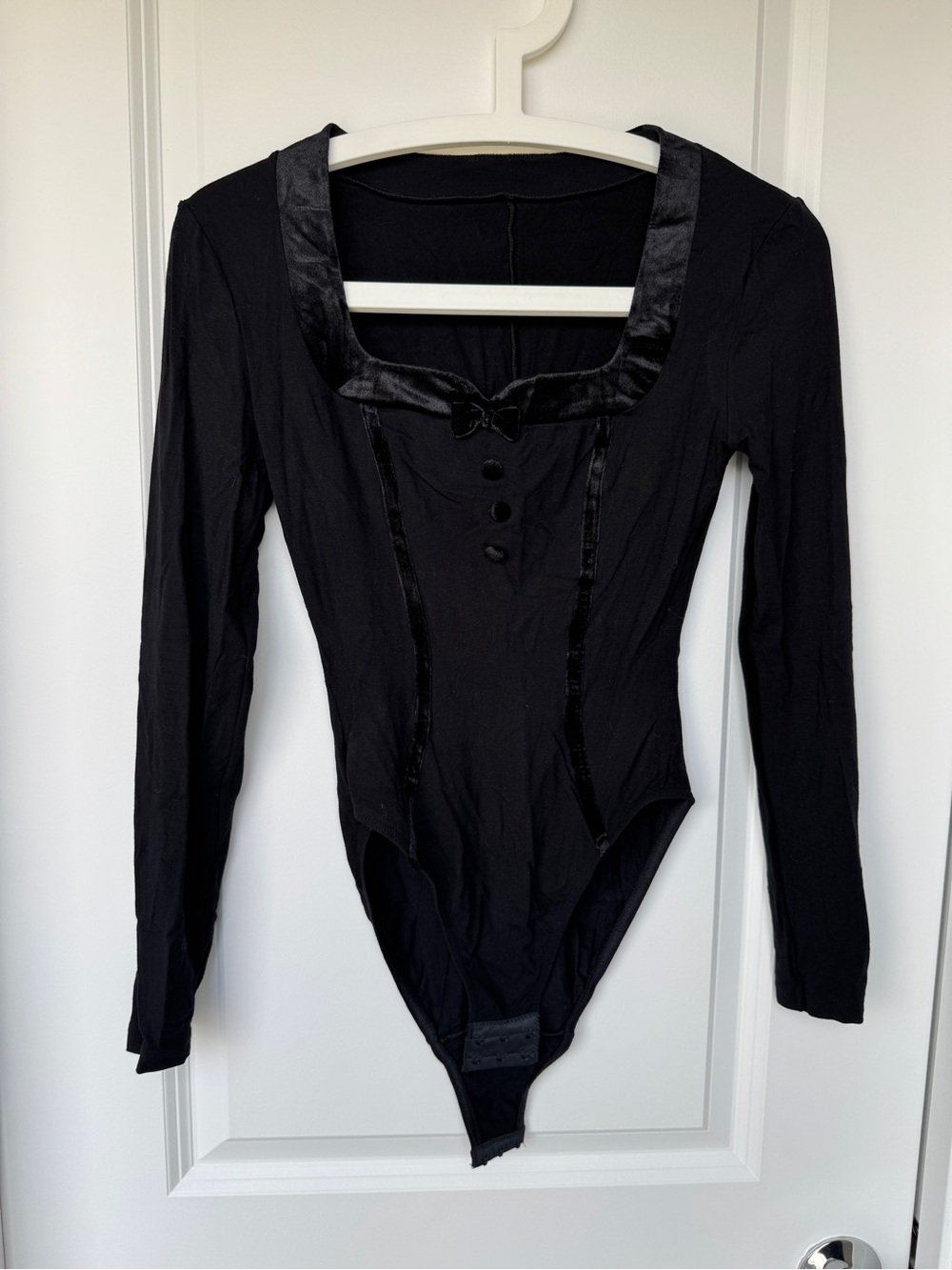90s French Bodysuit Velvet Trim Long-Sleeve